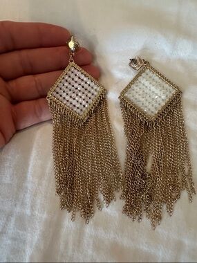 Zara Gold-Tone Chain Fringe Earrings with White Beaded Diamond Center